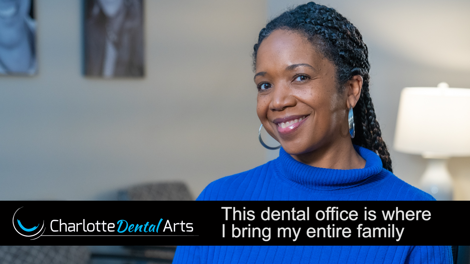 A joyful patient smiling broadly in a YouTube thumbnail, her radiant white smile serving as a glowing testimonial to her dental transformation.