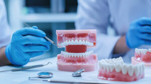 A dentist explaining the smile makeover process to a patient, with dental models and tools on the table.
