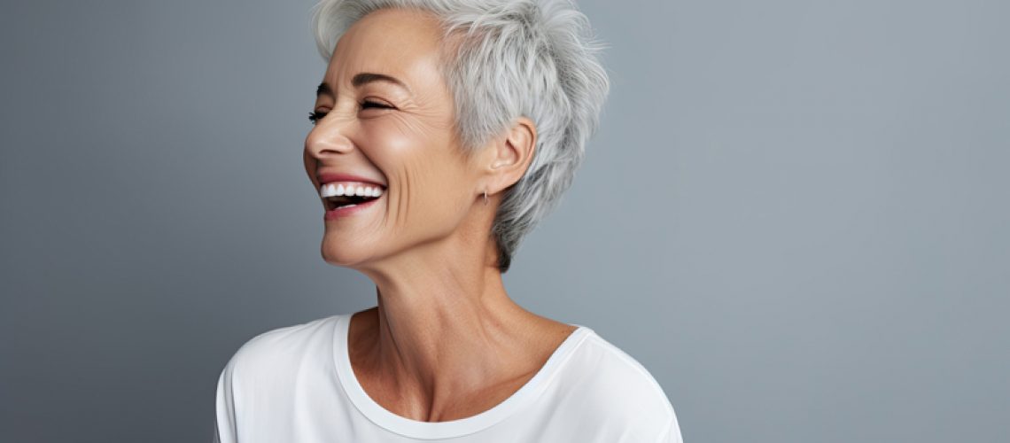 Photo of a older women patient smiling in a gray backdrop